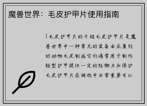 魔兽世界：毛皮护甲片使用指南